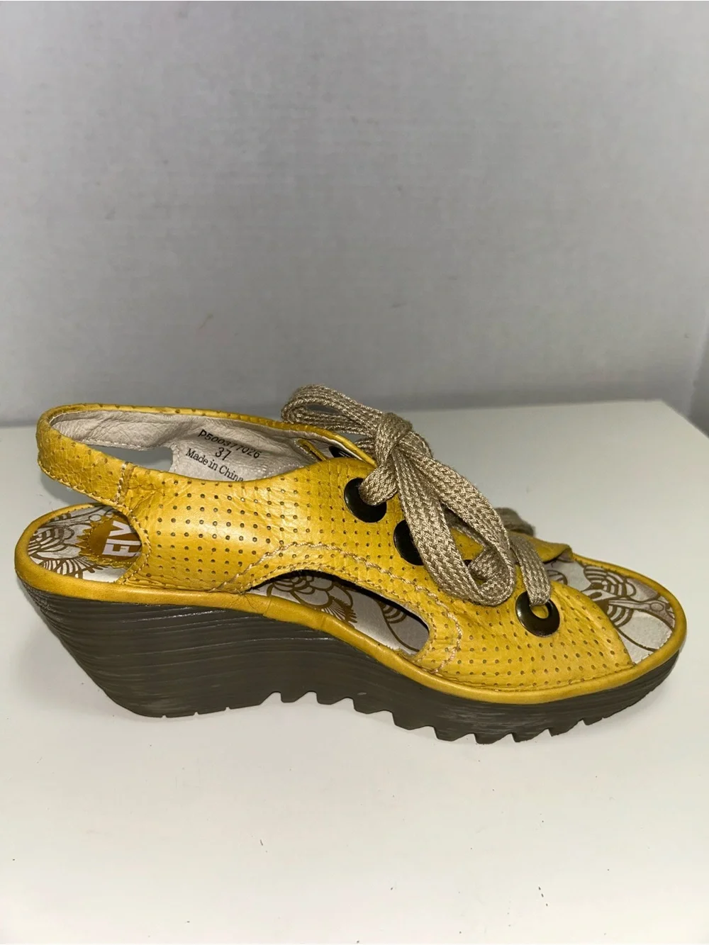 Fly London Ylva Yellow Perforated Leather Peep Toe Lace-Up Wedge Heel Sandal